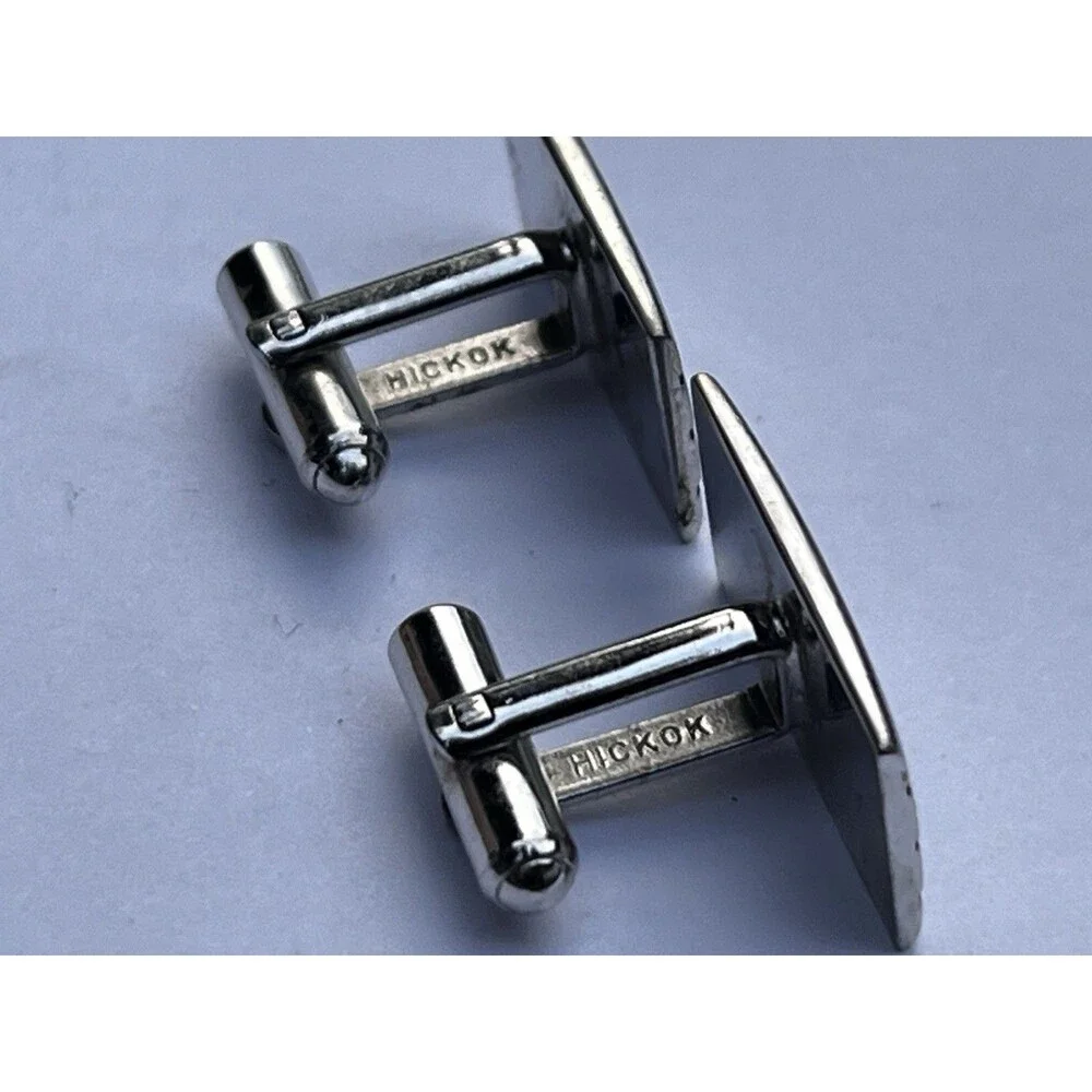 Vintage Hickok Silver Tone Black Enamel Striped Rectangle Cufflinks USA